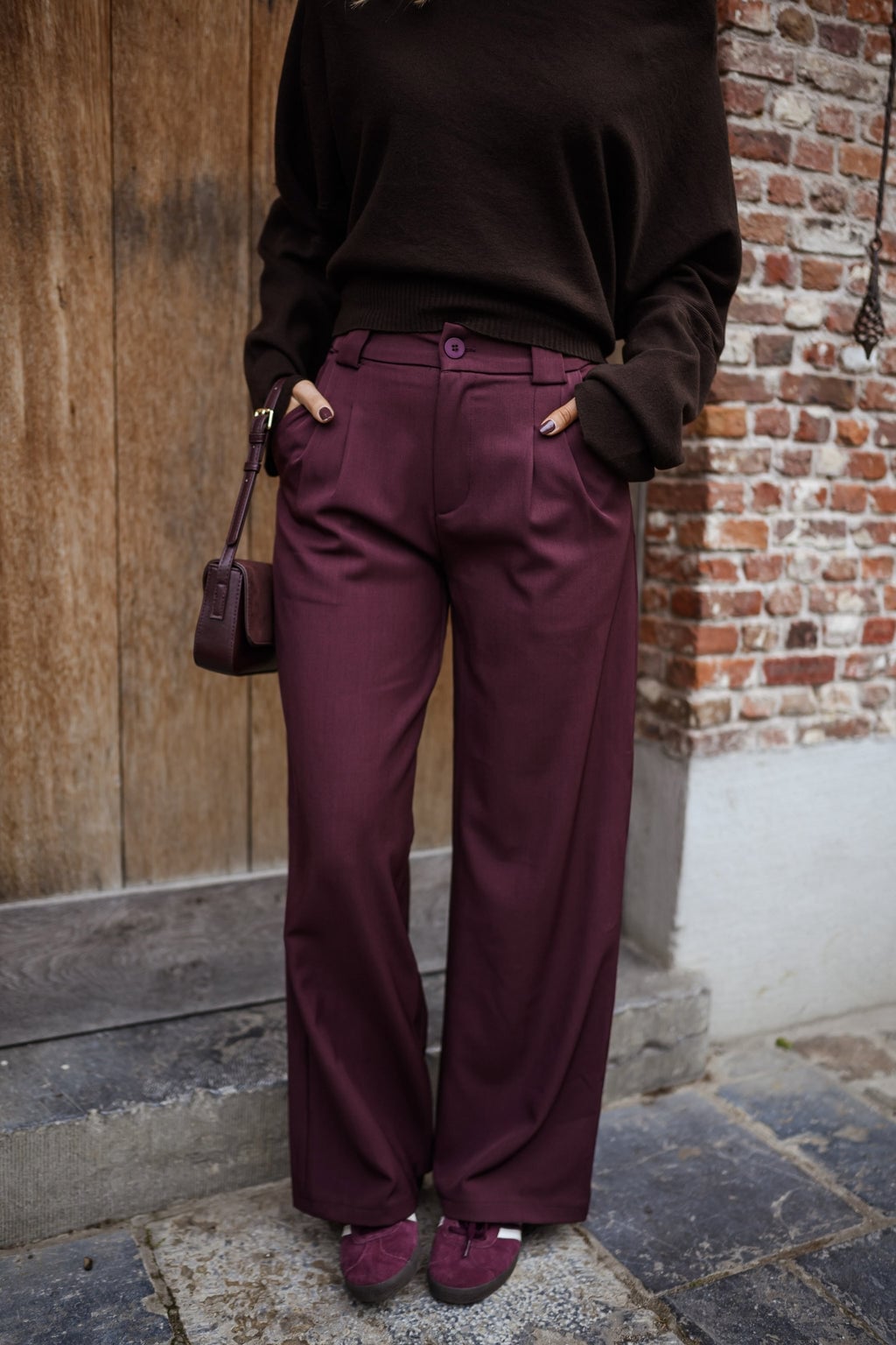 Tailored Burgundy Trousers With Crewneck Sweater — Simple Burgundy Pants Outfits