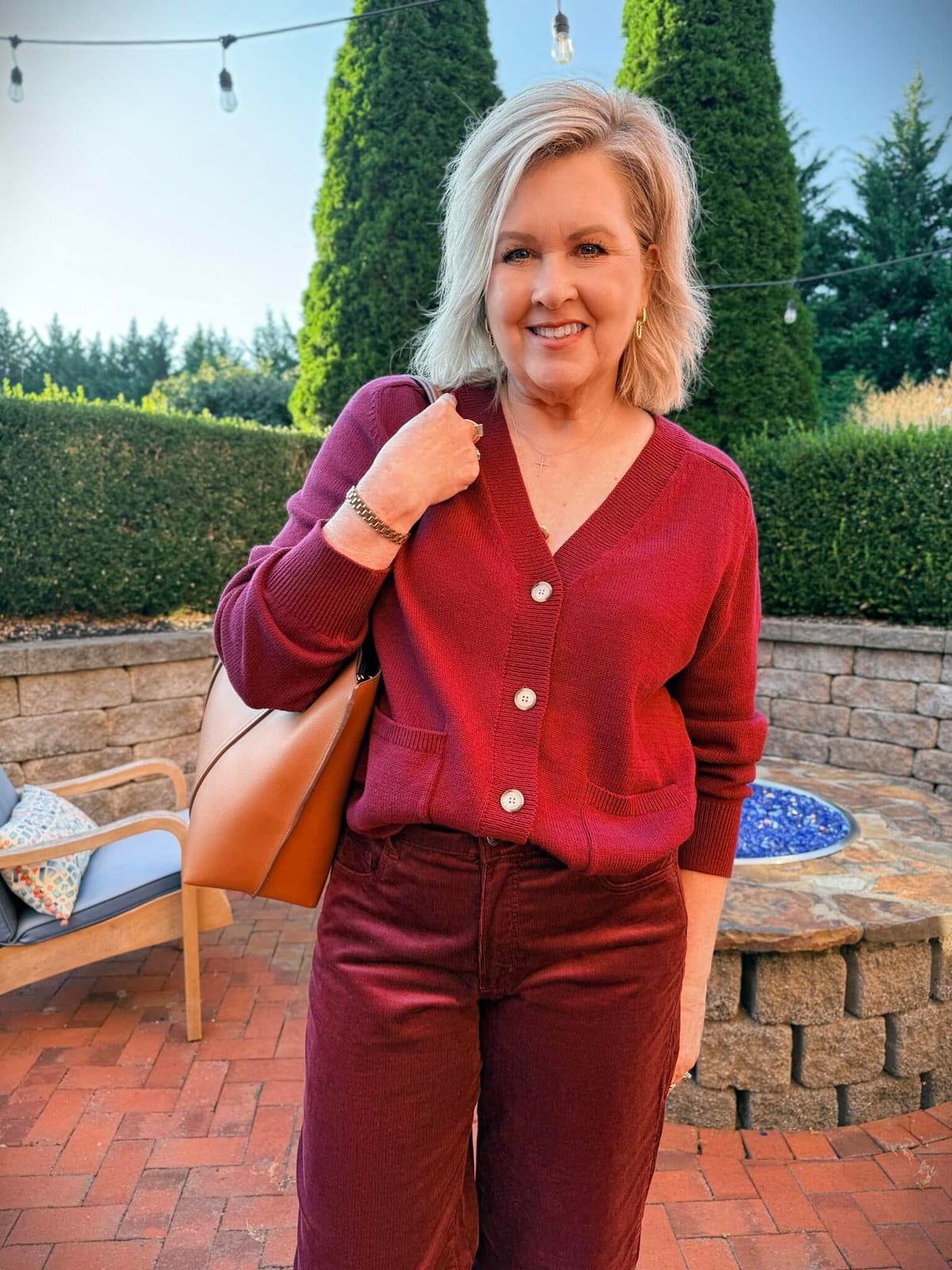 Corduroy Burgundy Trousers With Matching Cardigan — Simple Burgundy Pants Outfits