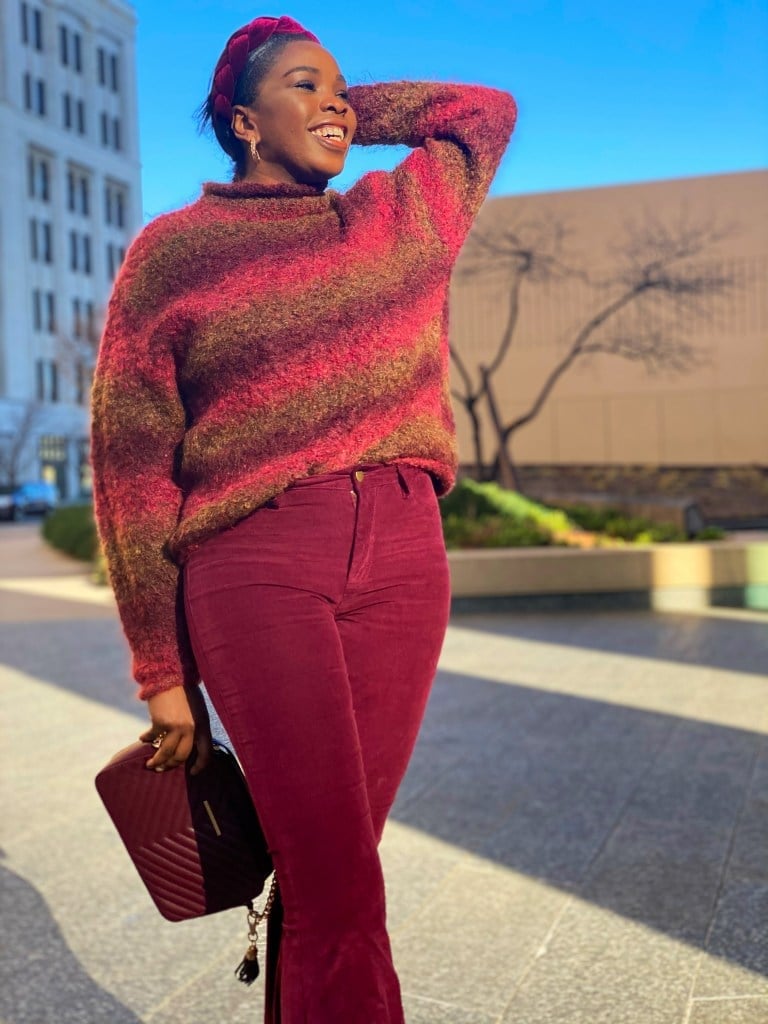 Fuzzy Knit Sweater With Burgundy Corduroy Trousers — Simple Burgundy Pants Outfits