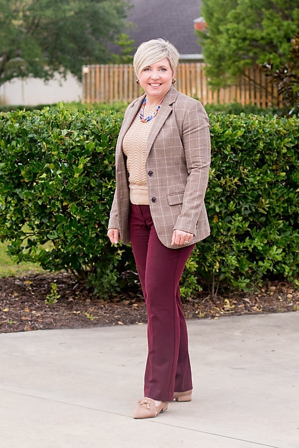 Burgundy Tailored Trousers With Plaid Blazer, Beige Pointed-Toe Flats — Simple Burgundy Pants Outfits