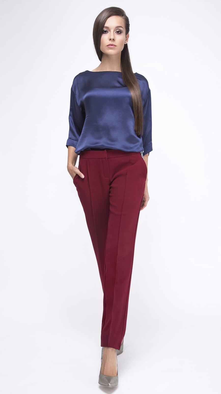 Tailored Burgundy Trousers With Satin Blouse, Straight Leg — Simple Burgundy Pants Outfits