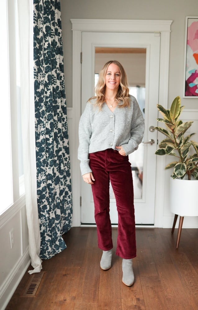 Velvet Corduroy Burgundy Trousers With Cardigan, Close-Up Take — Simple Burgundy Pants Outfits