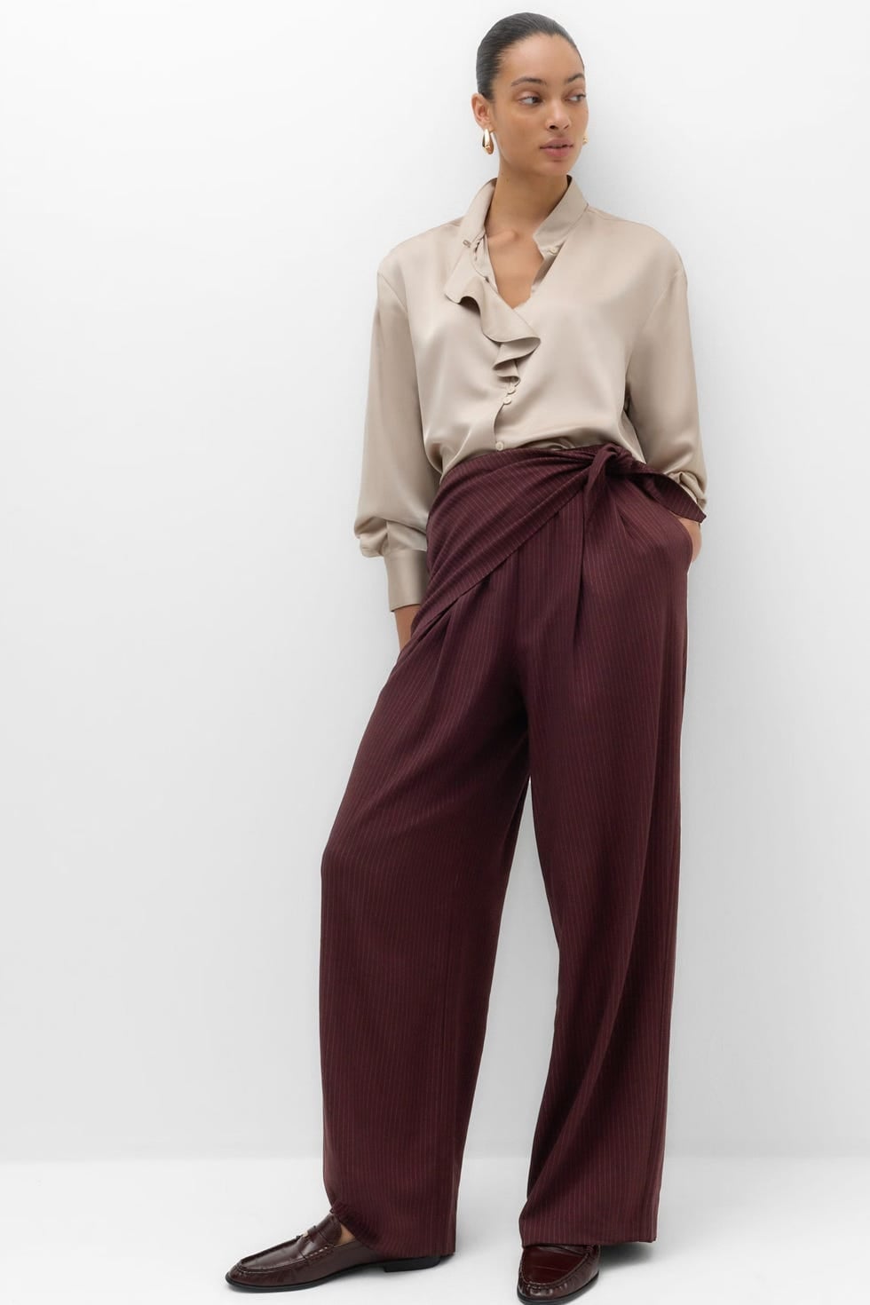 Striped Burgundy Trousers With Silk Blouse — Simple Burgundy Pants Outfits