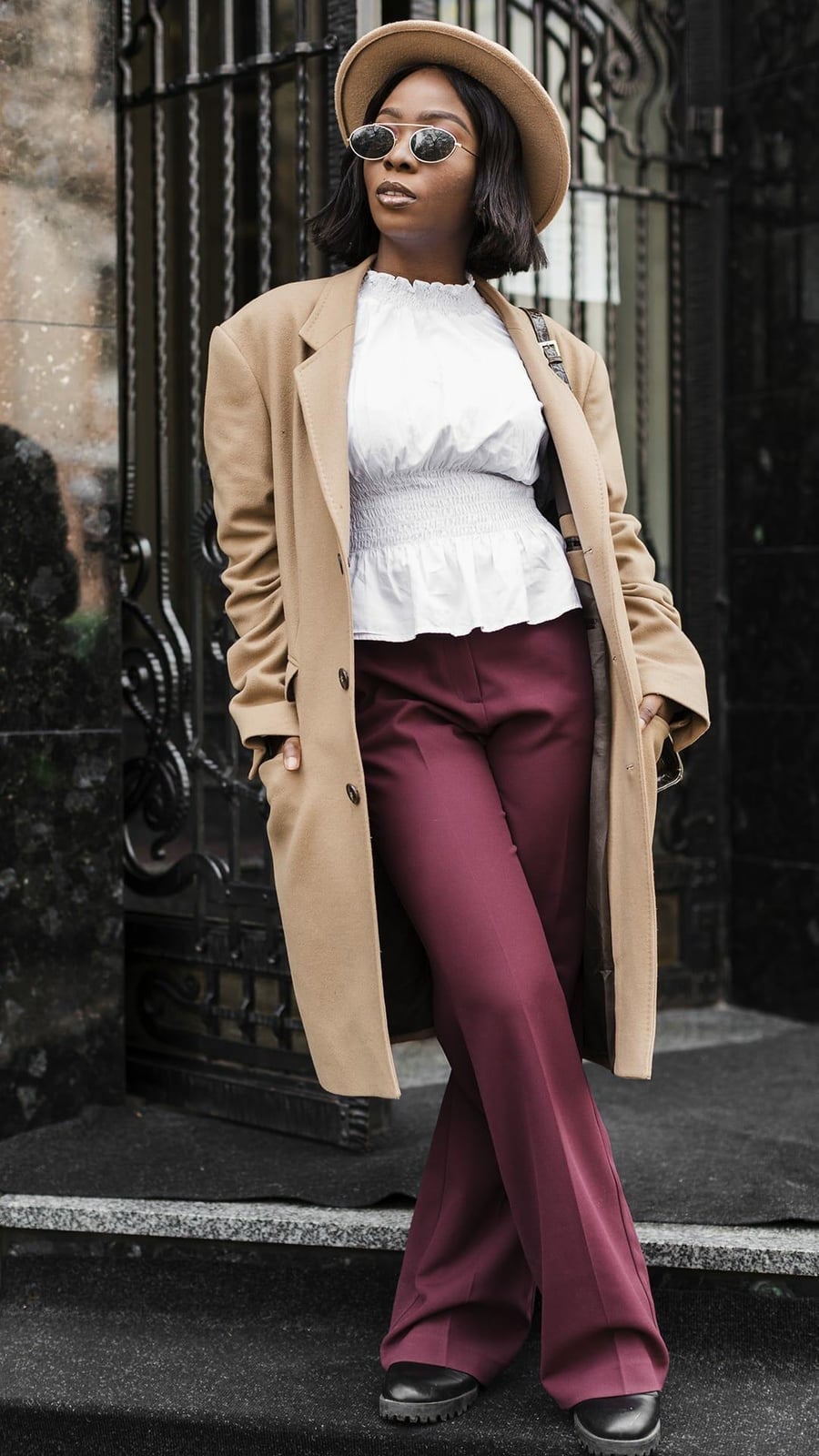 Burgundy Wide-Leg Trousers With Camel Coat — Simple Burgundy Pants Outfits