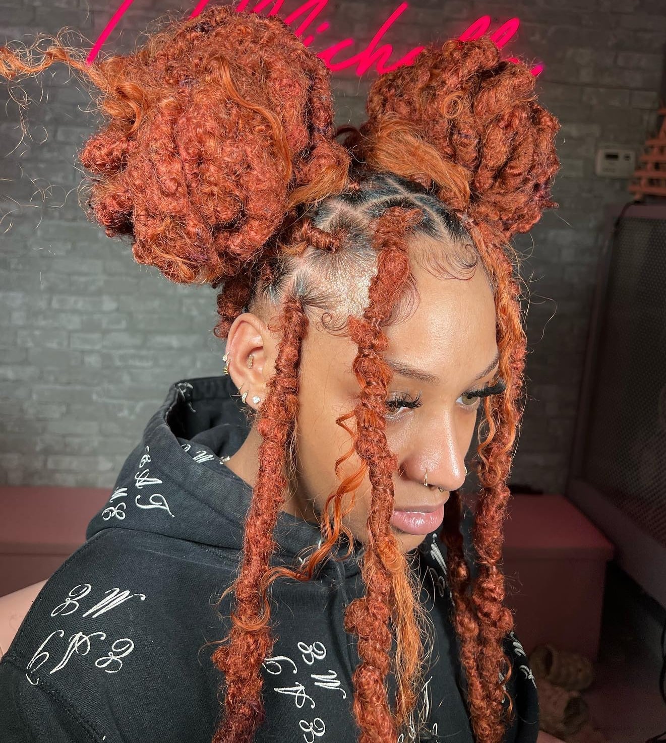 Shoulder Length Fiery Orange Butterfly Locs Space Buns Shoulder Length Fiery Orange Butterfly Locs Space Buns — Simple Butterfly Locs