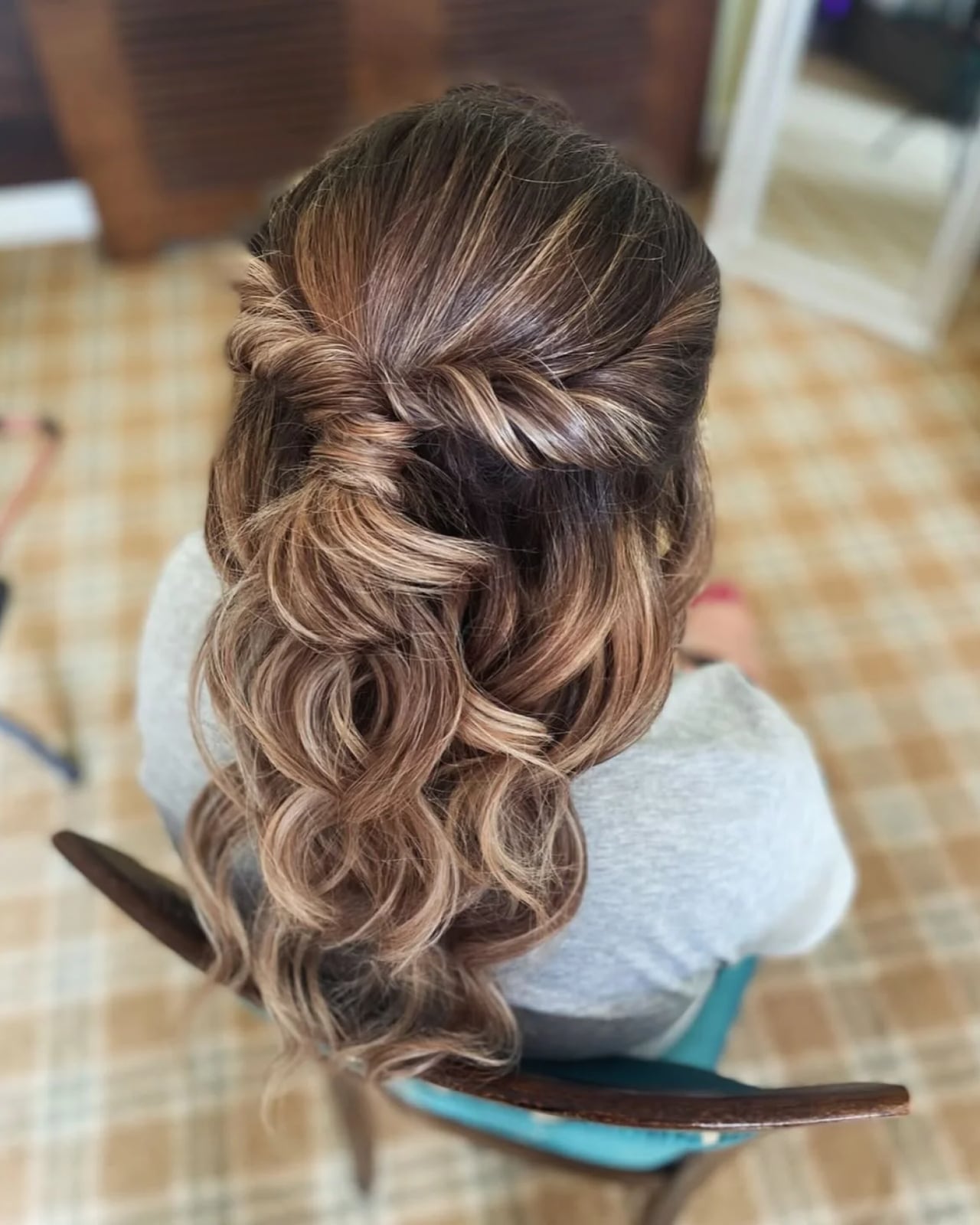 Mid Back Half Up Braid And Curls, Brown With Blonde Highlights — Simple Casual Hairstyles