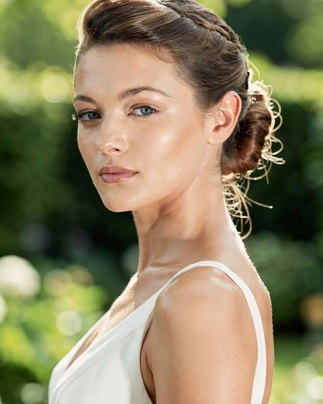 Dark Brown Braided Updo With Wispy Bangs Dark Brown Braided Updo With Wispy Bangs — Simple Casual Updo