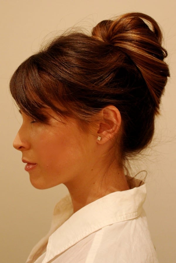 Dark Brown Voluminous Messy Bun With Wispy Bangs, Long Dark Brown Voluminous Messy Bun With Wispy Bangs, Long — Simple Casual Updo