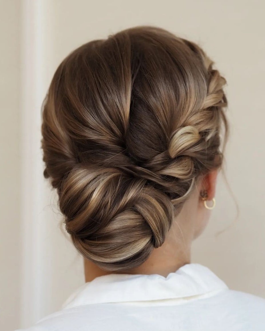 Brown Braided Low Bun Updo Brown Braided Low Bun Updo — Simple Casual Updo