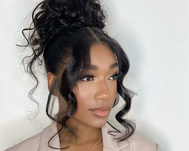 Dark Brown Messy Bun With Curls Dark Brown Messy Bun With Curls — Simple Casual Updo