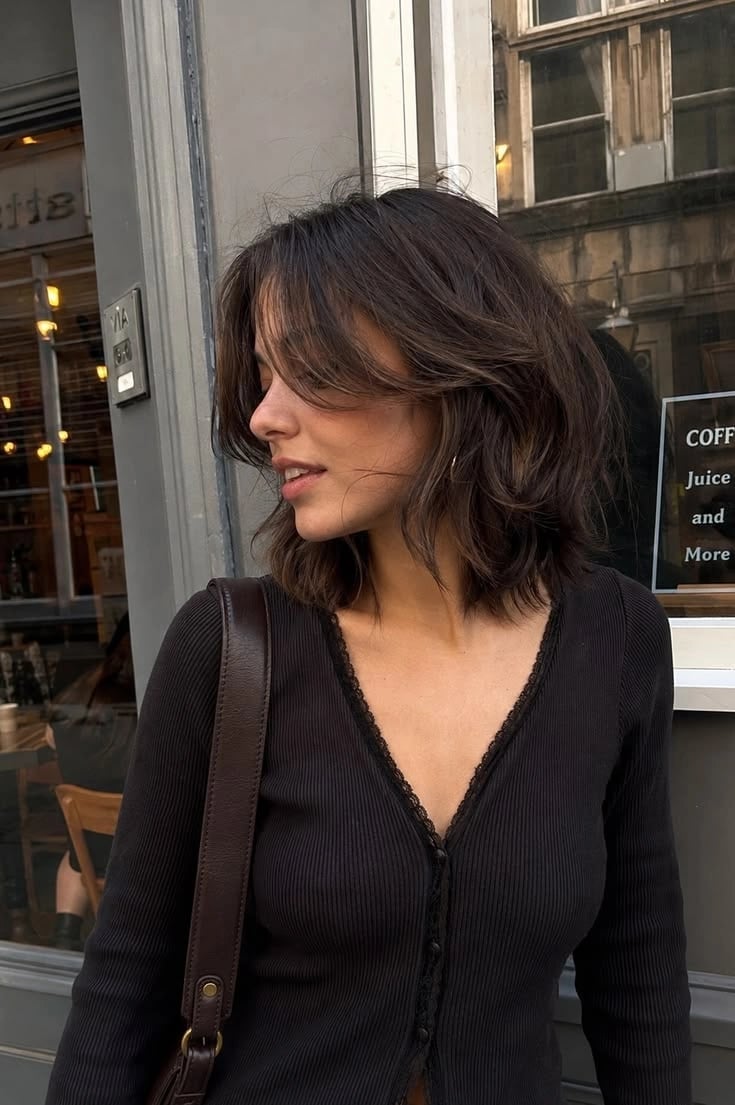 Medium Brown Long Layers With Curtain Bangs, Mid-Back — Simple Choppy Layers