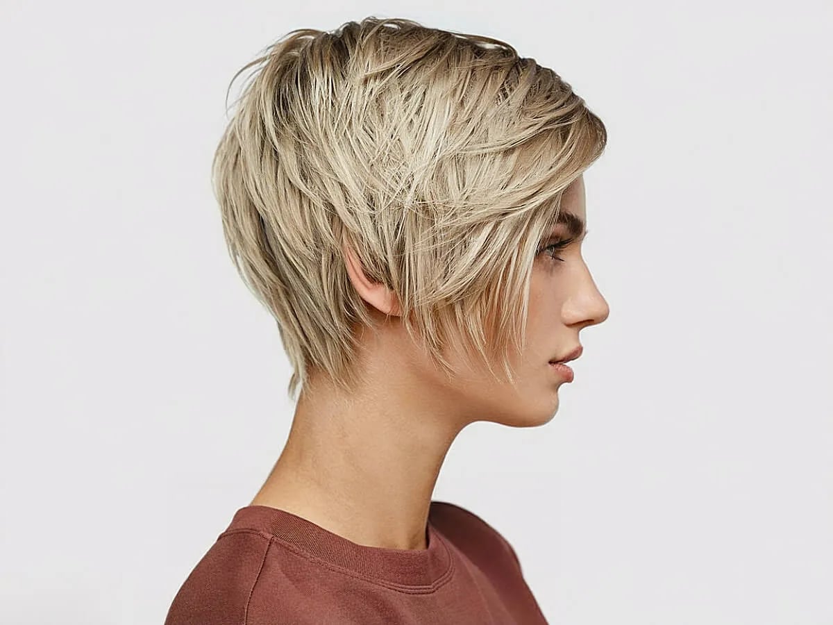Ash Blonde Choppy Pixie With Textured Bangs, Close-Up Take — Simple Choppy Layers
