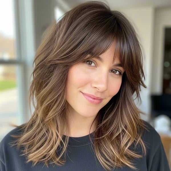 Brown Shag With Textured Curtain Bangs, Collarbone — Simple Choppy Layers