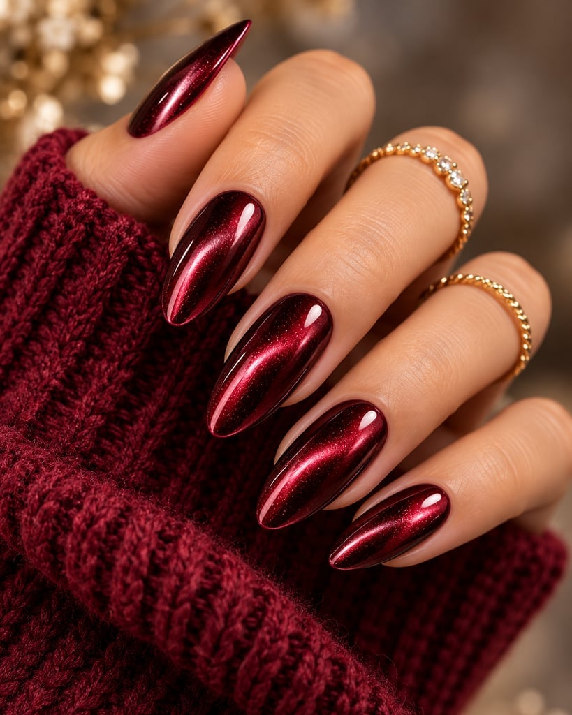 Vibrant Metallic Red Chrome Cat-Eye Oval Nails Vibrant Metallic Red Chrome Cat-Eye Oval Nails — Simple Chrome Nails