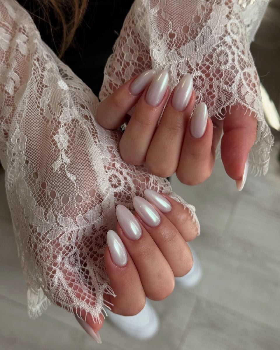 Milky White Pearlescent Pink Chrome Almonds Milky White Pearlescent Pink Chrome Almonds — Simple Chrome Nails