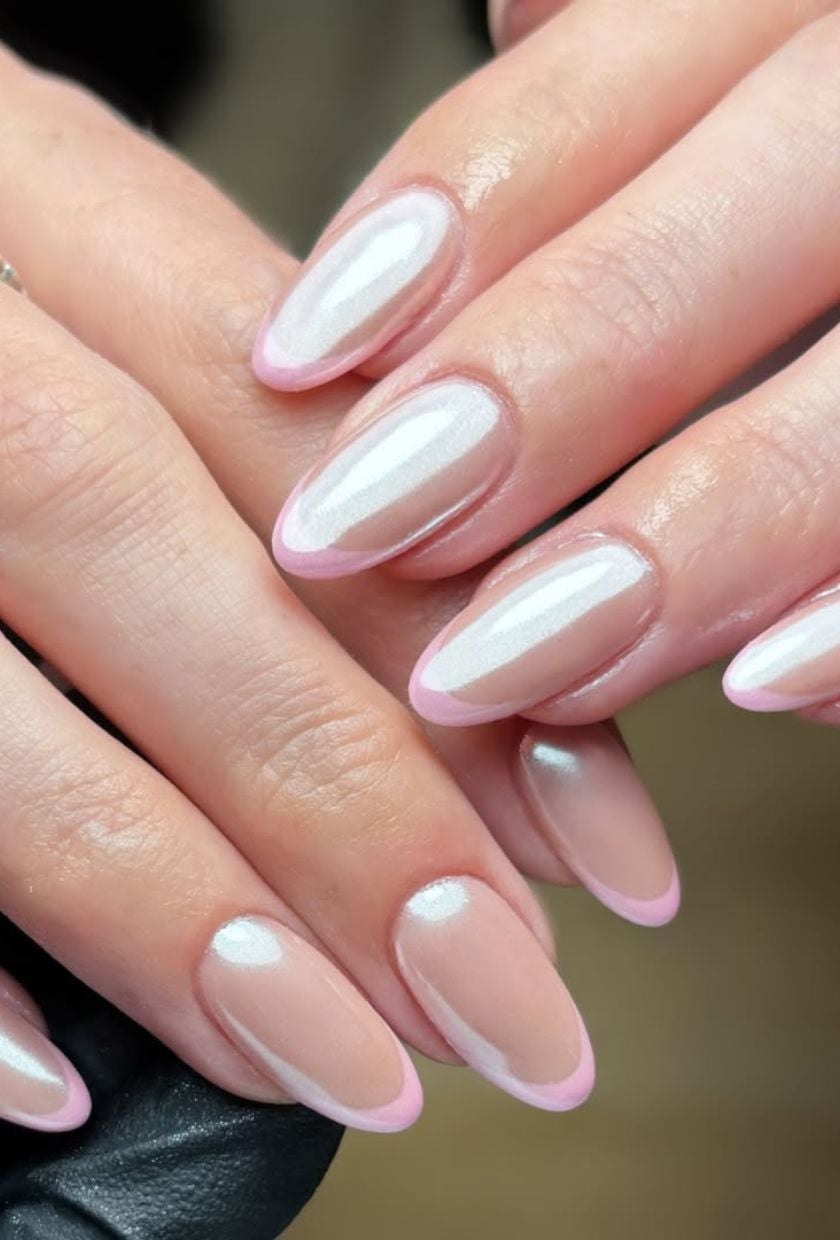 Classic Pearlescent French Manicure Oval Nails Classic Pearlescent French Manicure Oval Nails — Simple Chrome Nails