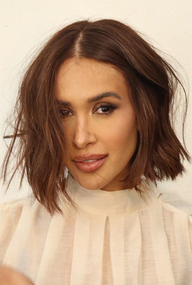 Chin Length Textured Bob With Wispy Bangs Chin Length Textured Bob With Wispy Bangs — Simple Cinnamon Hair