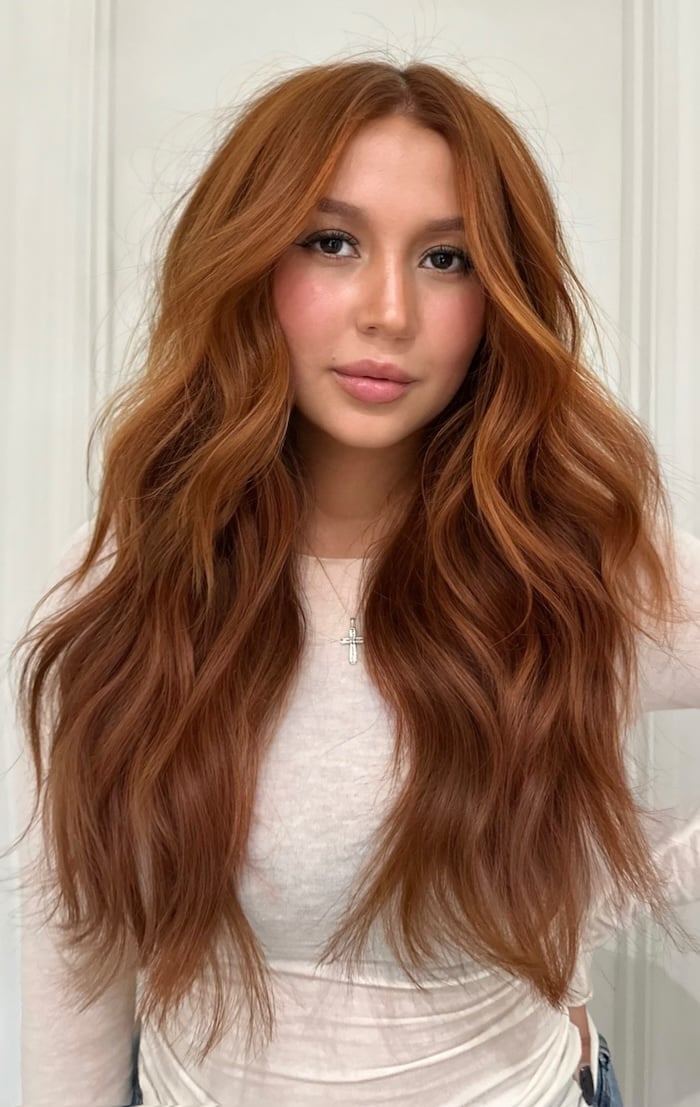 Mid-Back Length Layers With Copper Highlights Mid-Back Length Layers With Copper Highlights — Simple Cinnamon Hair