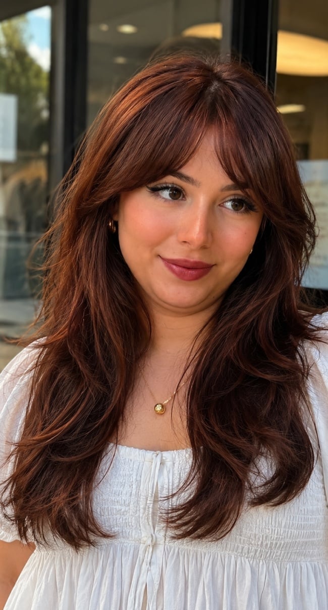 Mid-Back Length With Curtain Bangs, Close-Up Take Mid-Back Length With Curtain Bangs, Close-Up Take — Simple Cinnamon Hair