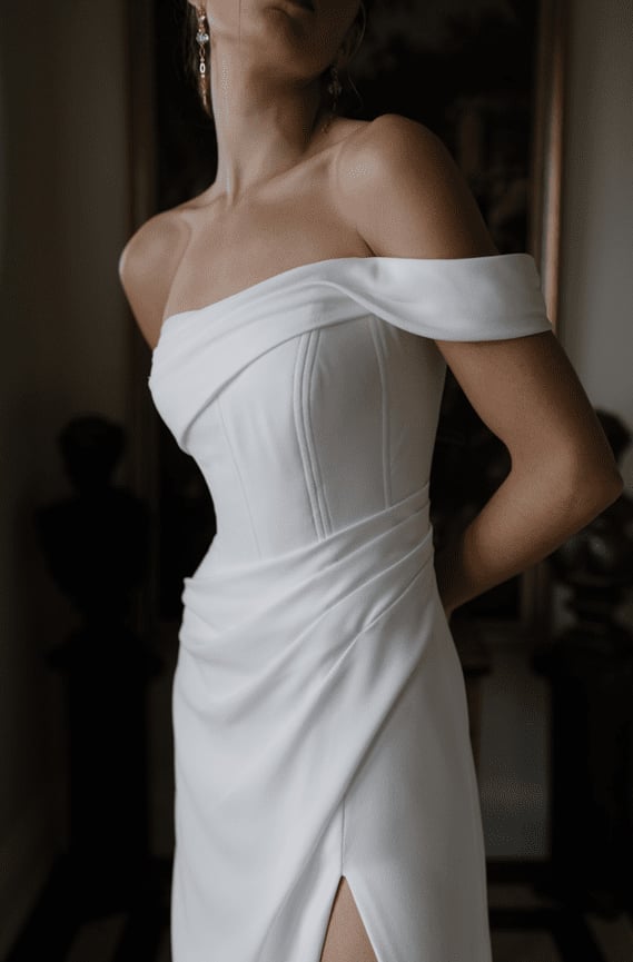 White off-the-shoulder dress with draped bodice and skirt — Simple Cocktail Dresses Wedding