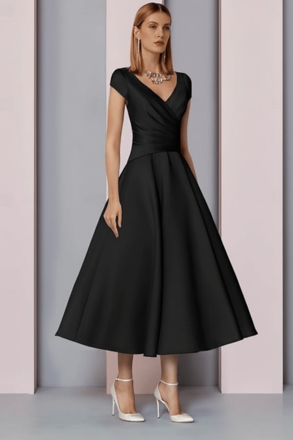 Black satin midi dress with A-line skirt and cap sleeves — Simple Cocktail Dresses Wedding