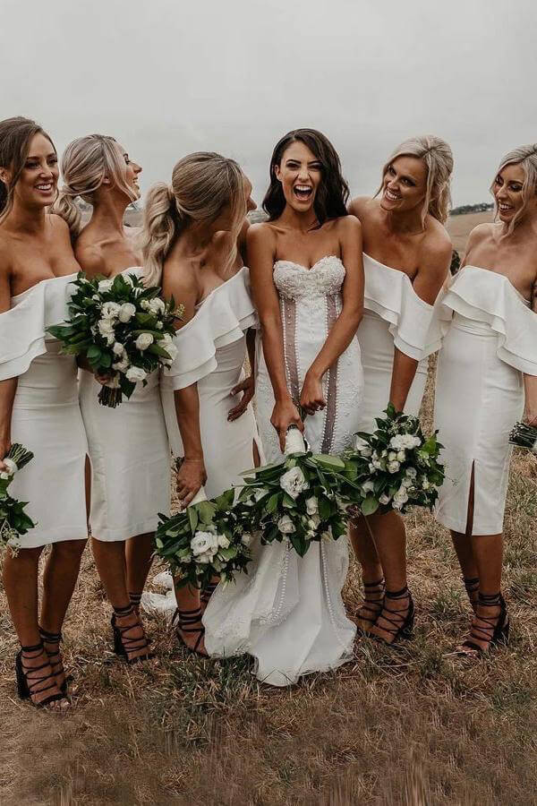 White fitted off-the-shoulder bridesmaid dresses — Simple Cocktail Dresses Wedding