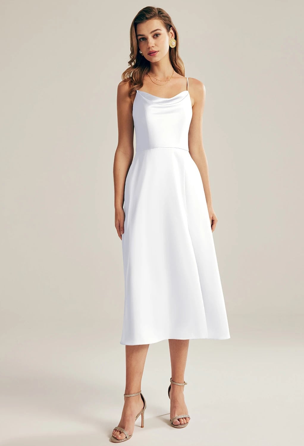 White satin midi slip dress with cowl neckline — Simple Cocktail Dresses Wedding