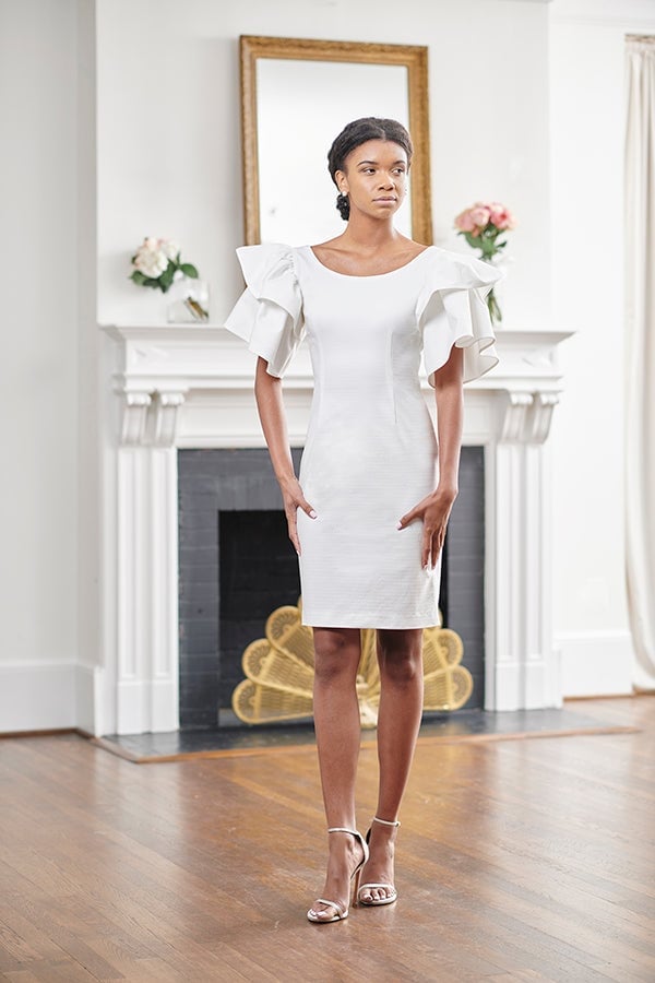 White sheath dress with statement ruffled short sleeves — Simple Cocktail Dresses Wedding