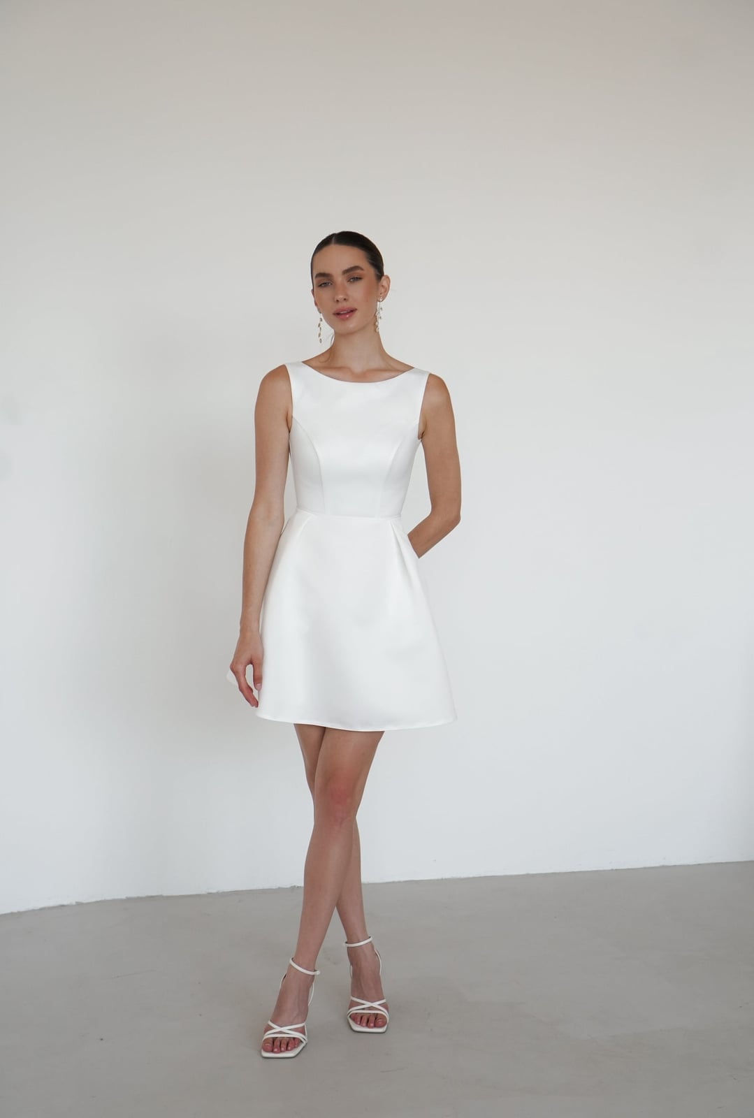 Simple white sleeveless A-line mini dress with boat, Close-Up Take — Simple Cocktail Dresses Wedding