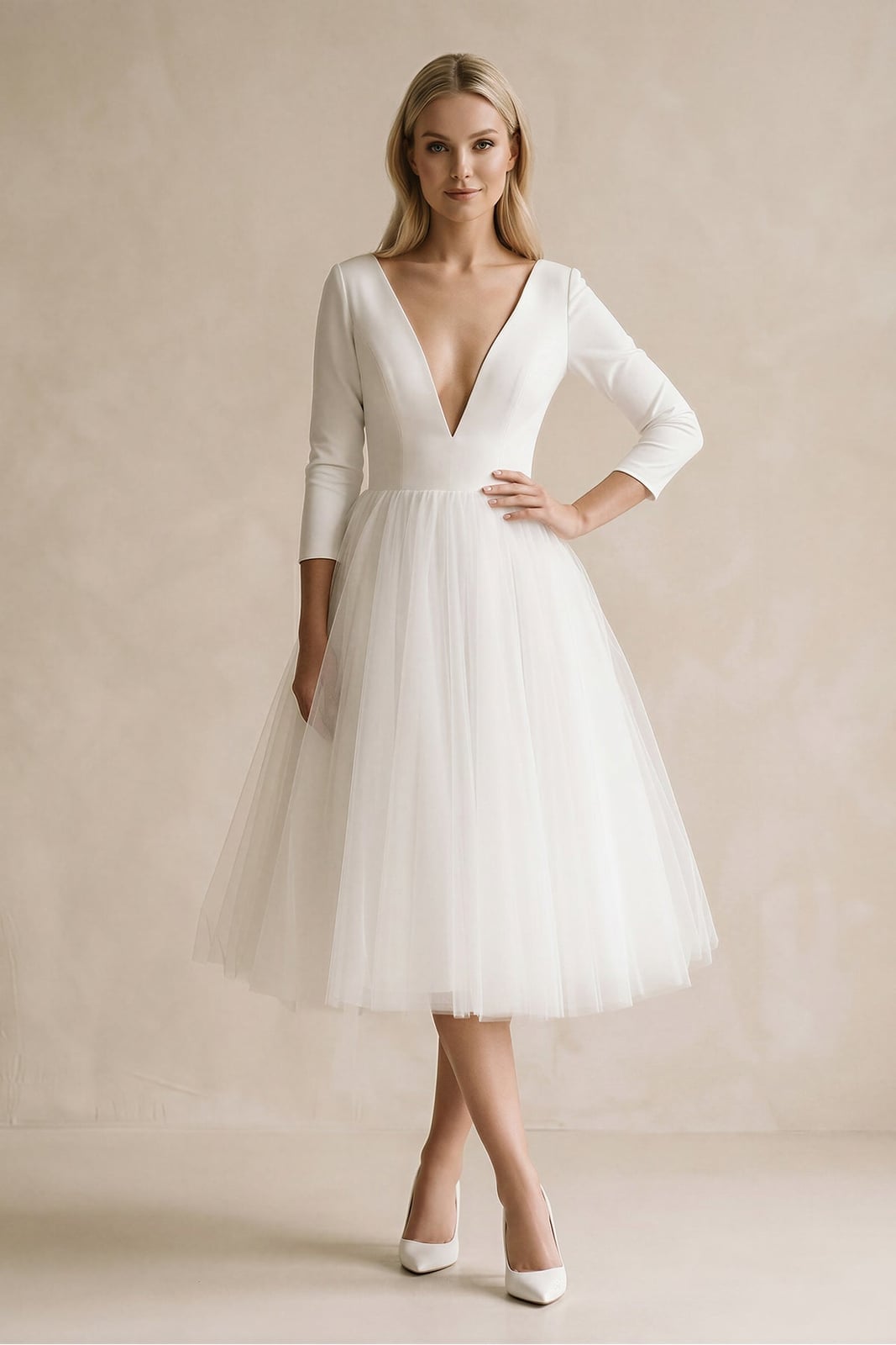 White satin tea-length wedding dress with long sleeves and tulle skirt — Simple Cocktail Dresses Wedding