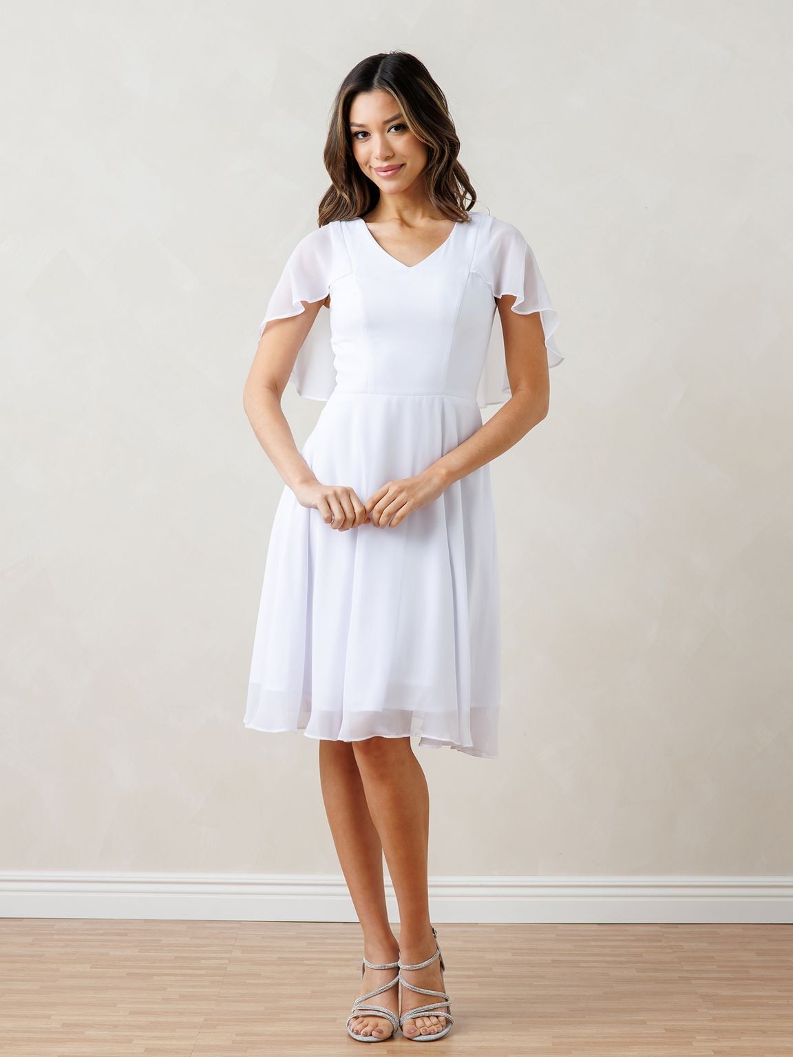 White midi A-line dress with flutter sleeves and chiffon overlay — Simple Cocktail Dresses Wedding