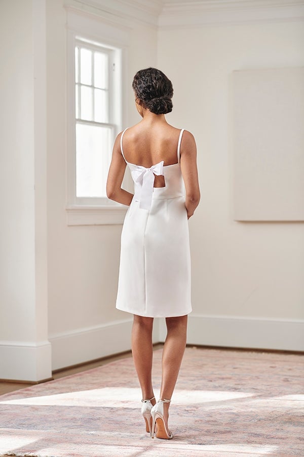 White crepe mini dress with a large back bow — Simple Cocktail Dresses Wedding
