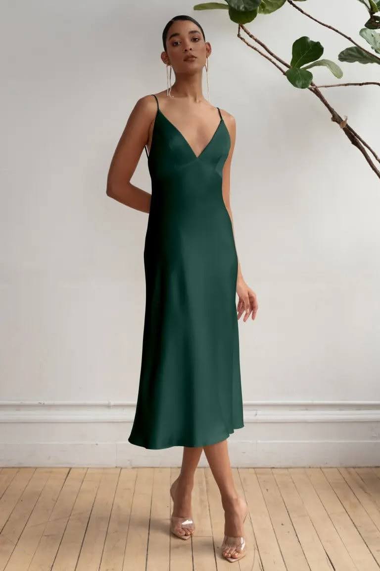 Dark Green Satin Midi Slip Dress — Simple Cocktail Dresses Wedding Guest