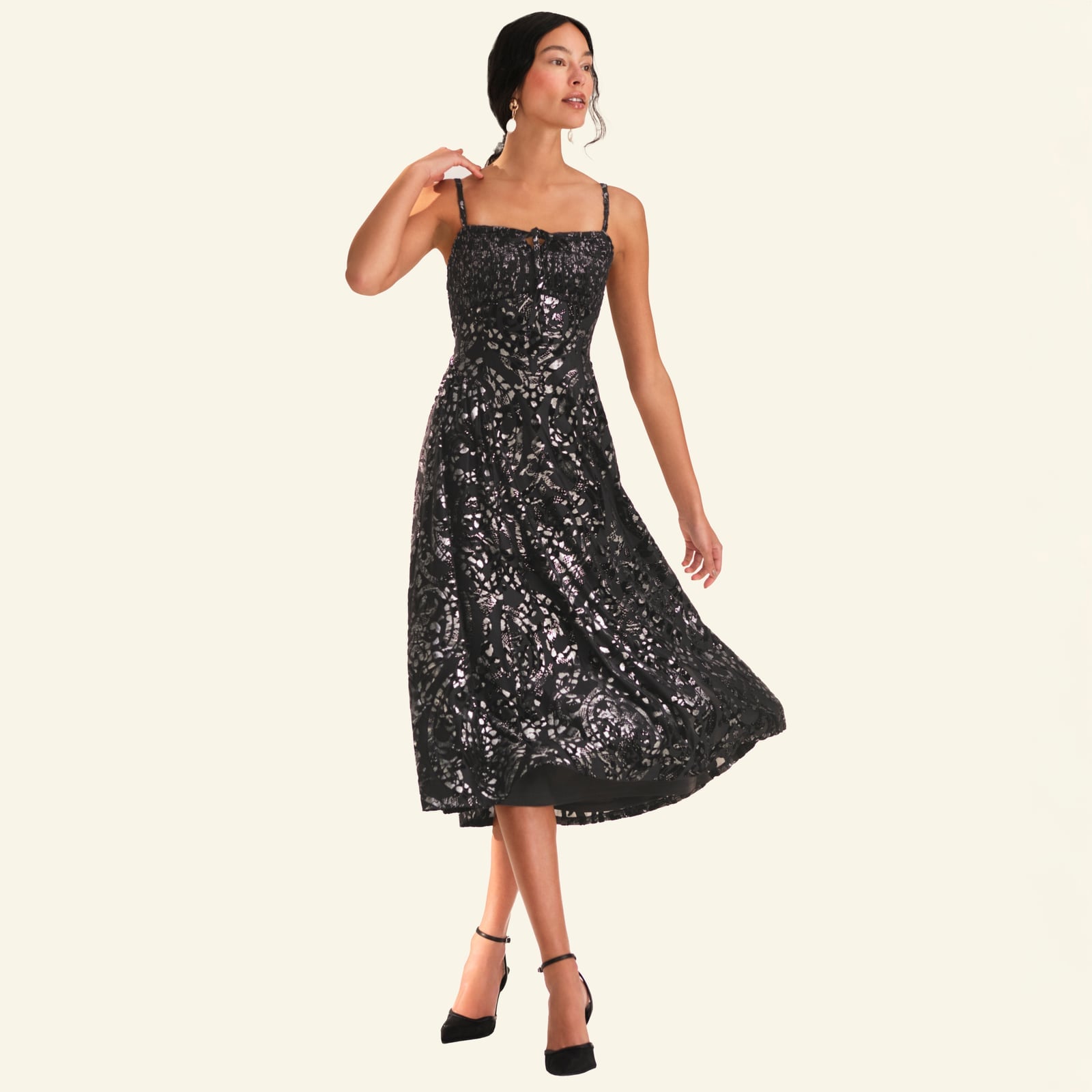 Black Silver Textured Midi Dress — Simple Cocktail Dresses Wedding Guest