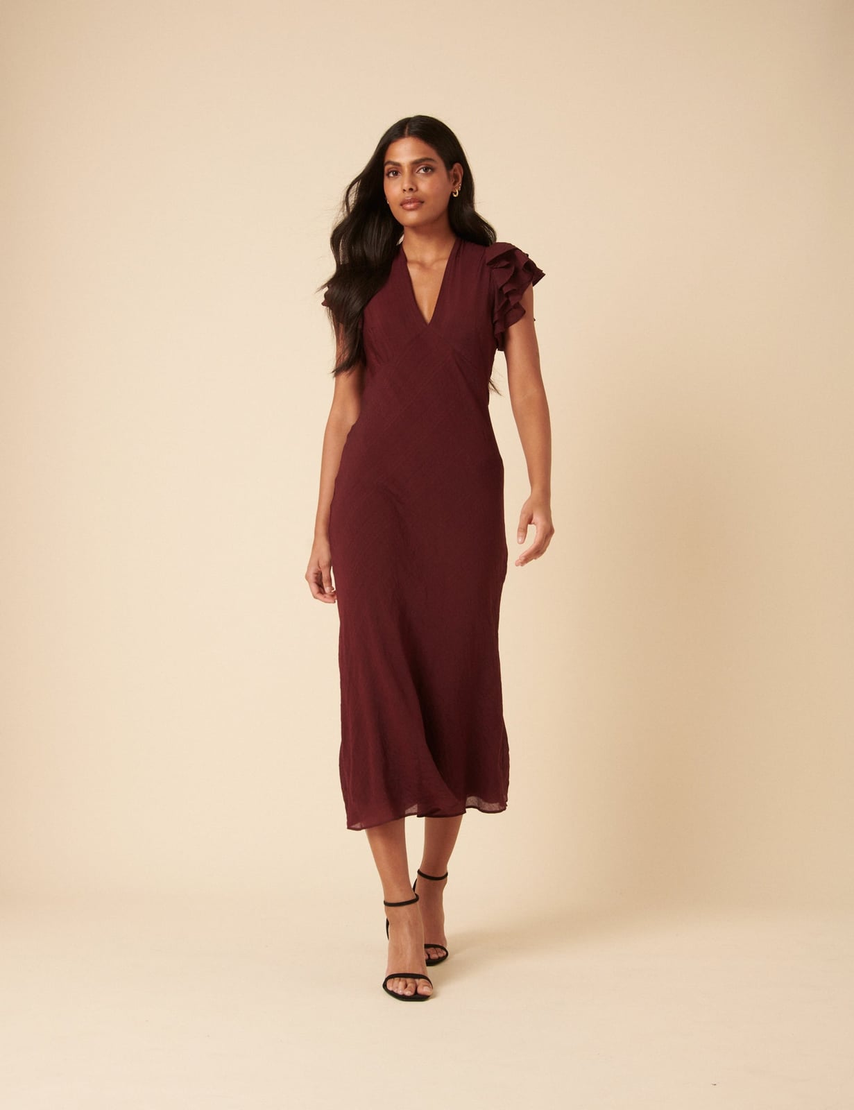 Burgundy Textured Chiffon Midi Dress — Simple Cocktail Dresses Wedding Guest