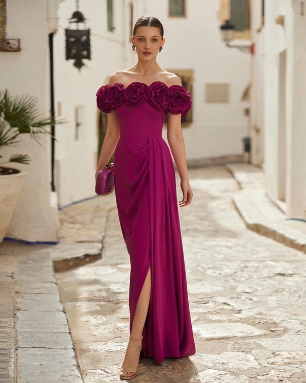 Magenta Off-Shoulder Gown With Floral Detail — Simple Cocktail Dresses Wedding Guest