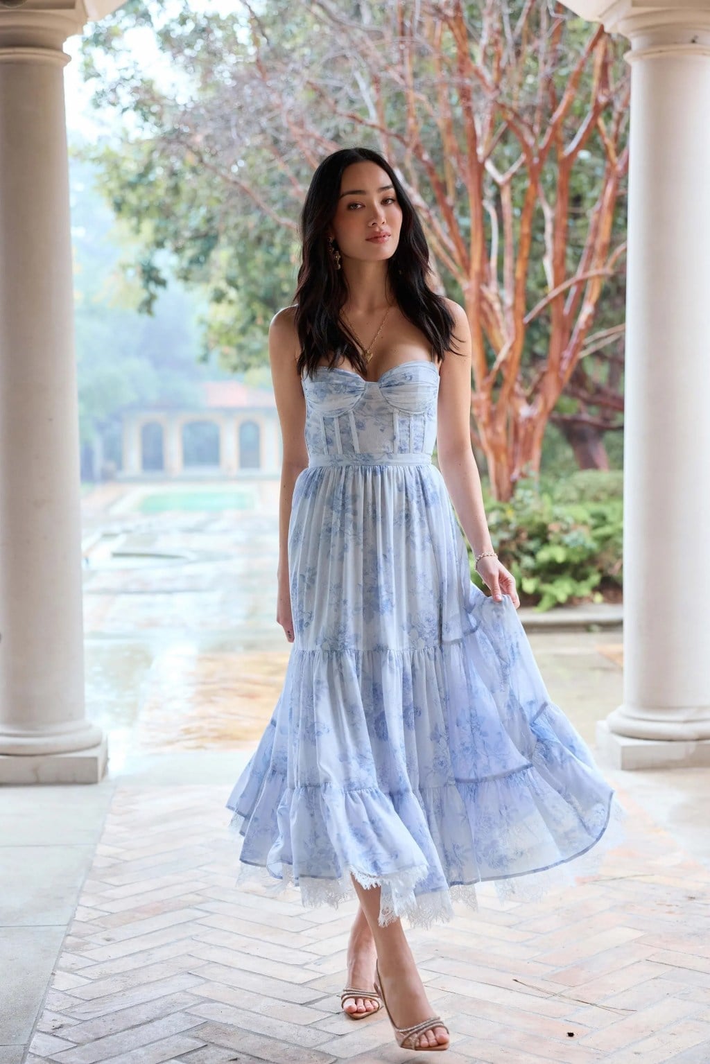 Light Blue Floral Strapless Tiered Dress — Simple Cocktail Dresses Wedding Guest