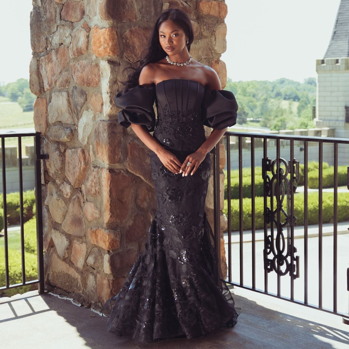 Black Lace Mermaid Dress With Puff Sleeves — Simple Cocktail Dresses Wedding Guest