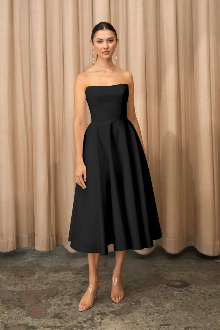 Black Strapless Fit-and-Flare Midi Dress — Simple Cocktail Dresses Wedding Guest