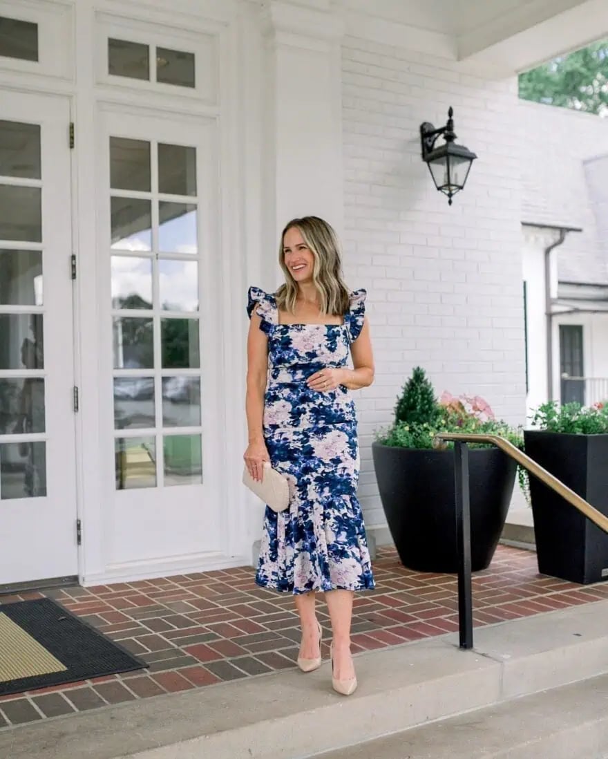 Blue Pink Floral Print Midi Dress — Simple Cocktail Dresses Wedding Guest