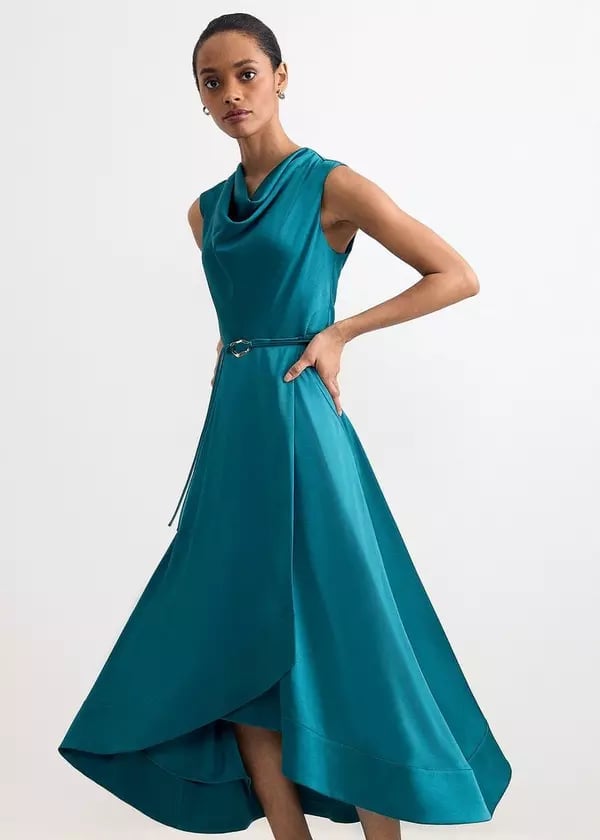 Teal Satin Dress With Cowl Neck — Simple Cocktail Dresses Wedding Guest