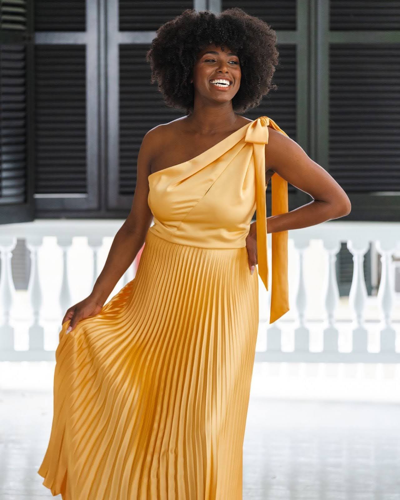 Gold One-Shoulder Midi Dress With Bow — Simple Cocktail Dresses Wedding Guest