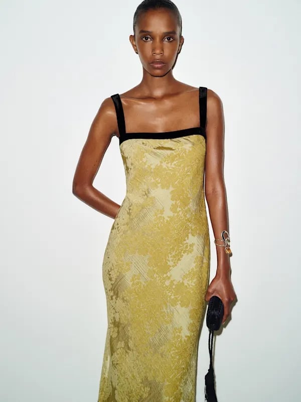 Yellow Textured Dress With Velvet Trim — Simple Cocktail Dresses Wedding Guest