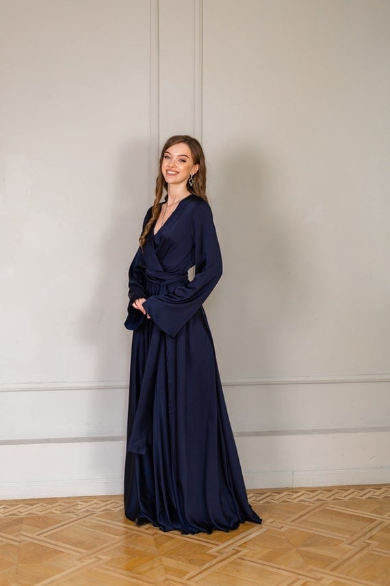 Navy Blue Satin Wrap Dress — Simple Cocktail Dresses Wedding Guest