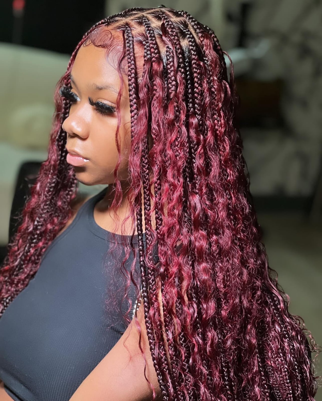 Burgundy Mid-Back Box Braids With Curls Burgundy Mid-Back Box Braids With Curls — Simple Color Braids