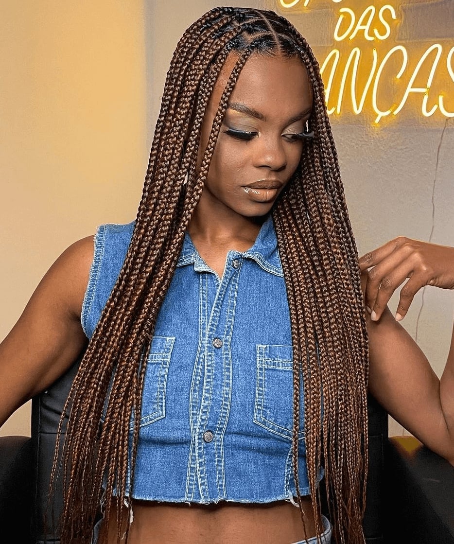 Medium Brown Box Braids With Subtle Highlights Medium Brown Box Braids With Subtle Highlights — Simple Color Braids