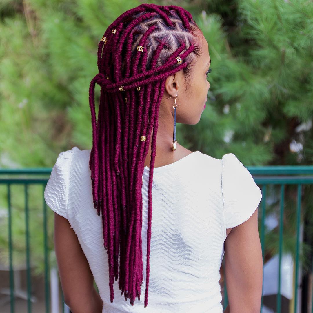 Mid-Back Burgundy Faux Locs Half Updo — Simple Color Locs