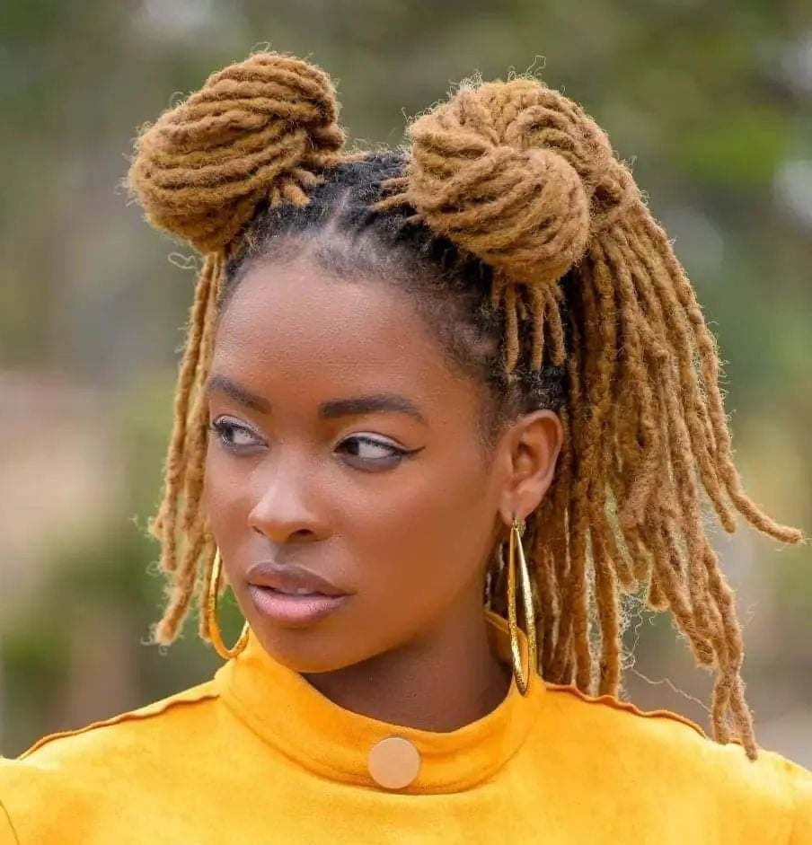 Mid-Back Locs in Two High Buns — Simple Color Locs