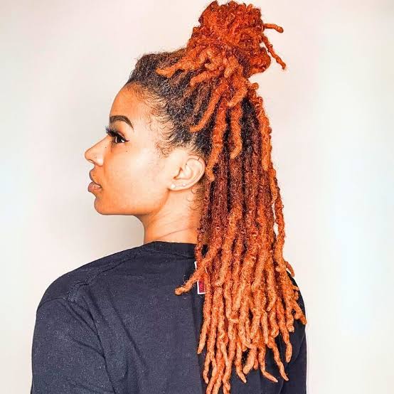 Mid-Back Locs Updo in Vibrant Orange — Simple Color Locs