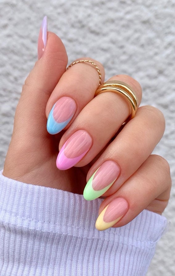 Medium Oval Pastel French Tips — Simple Colored French Tip Nails
